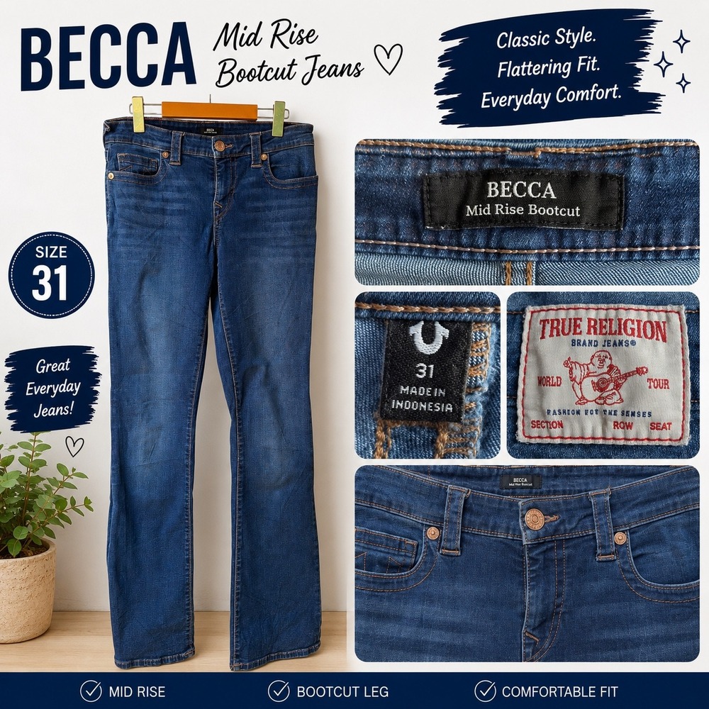 True Religion Becca Mid Rise Bootcut Jeans Blue Denim Size 31
